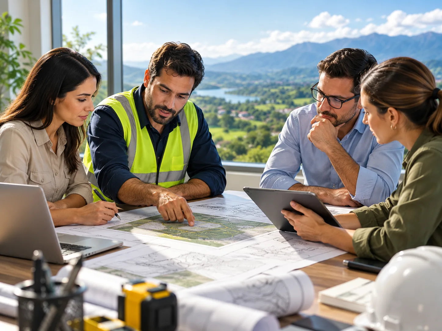 Equipe analisando documentos técnicos