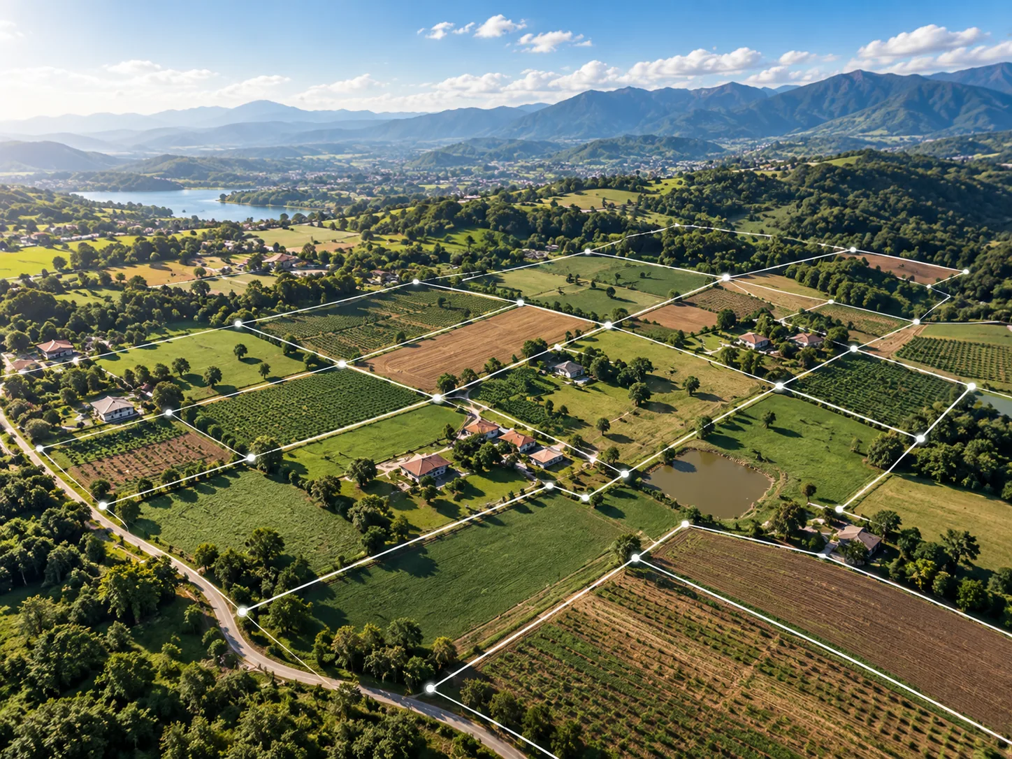 Vista aérea de terrenos e propriedades