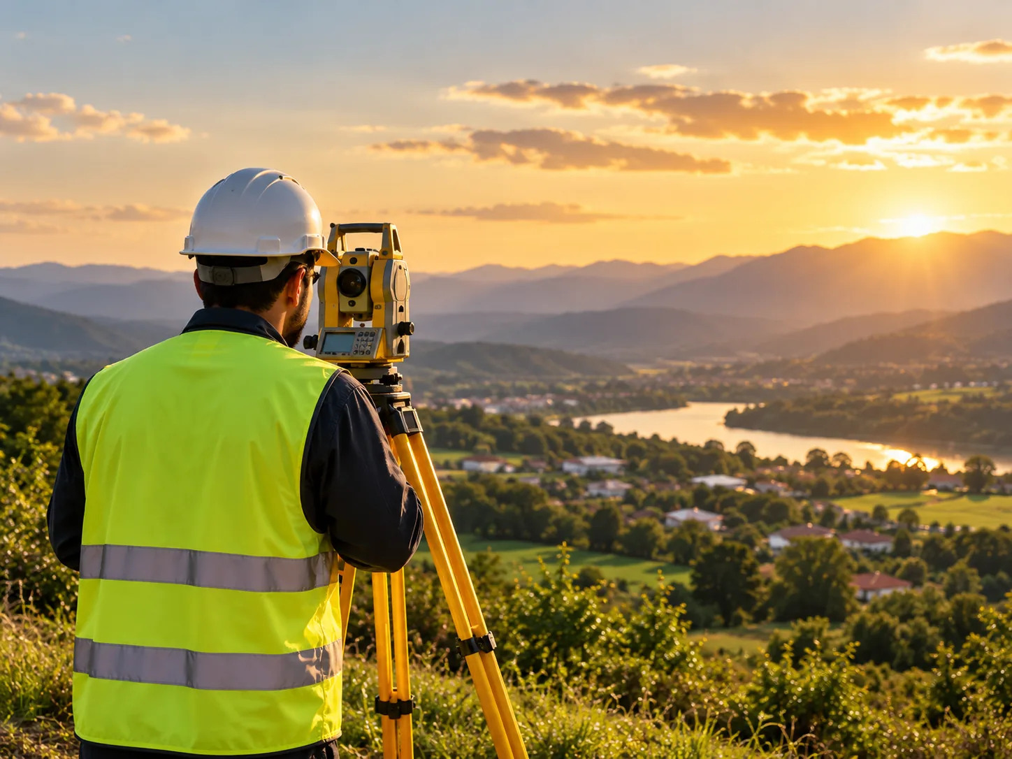Profissional em atividade de topografia ao entardecer